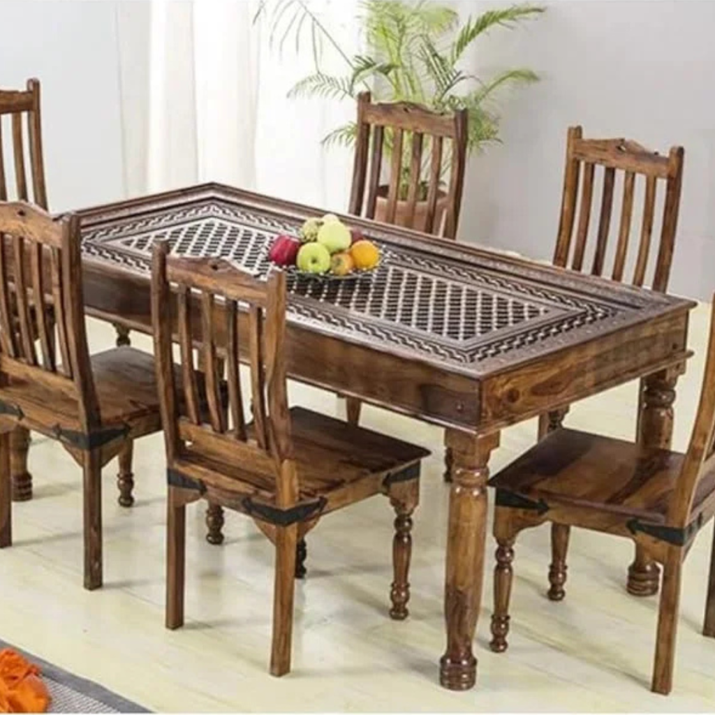 Verona Antique Brass Solid Wood Brass 6 Seater Dining Table