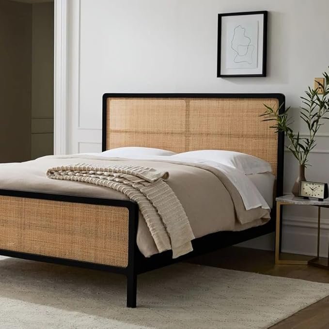 Black Rattan Headbord Bed