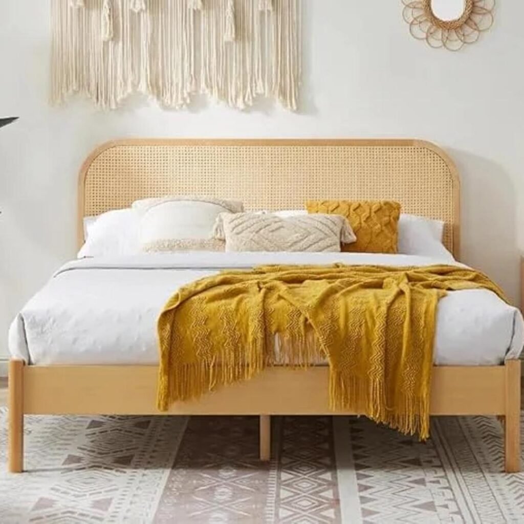 Solid Mango Wooden Queen Size Bed with Rattan Headboard