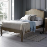 Wooden Queen Size Bed with Rattan Headboard