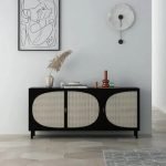 Black Rattan Sideboard Storage Cabinet with 3 Door & Shelf Storage