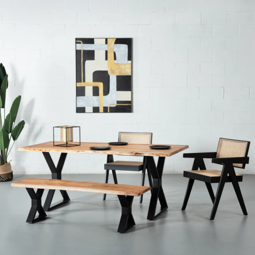 Noziya Furniture Solid Acacia Wood Dining Table with 2 Rattan Arm Chairs and Bench with Metal Legs