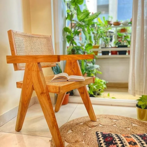 Noziya Solid Wood Cane Kangaroo Armchair – Honey Finish | 21 x 20 x 32 cm