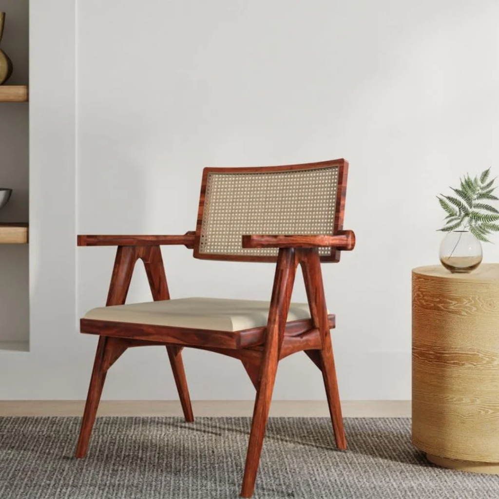 Noziya Sheesham Wood Handcrafted Rattan Wicker Armchair | Wooden Lounge & Accent Chair