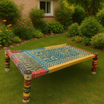 Noziya Furniture Handmade Wooden Charpai – Pink & White Indian Cot