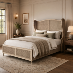 1. Minimal Solid Wood Bed with Cane Headboard